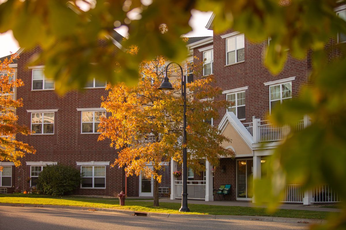 A brick building surrounded by autumn foliage under warm sunlight.