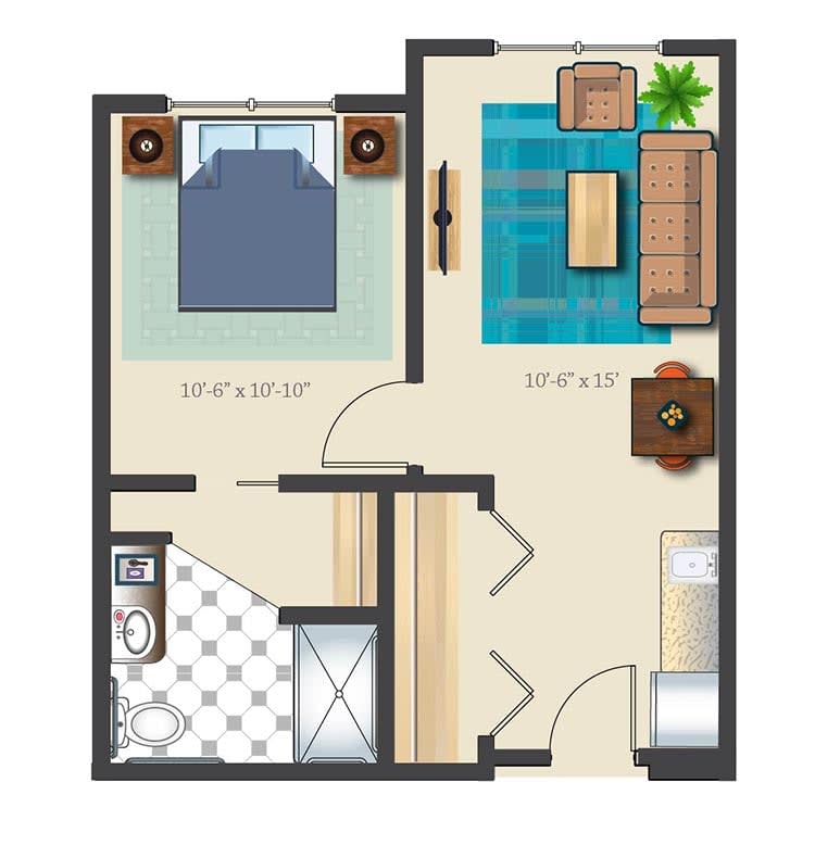 Floor plan of a one-bedroom apartment featuring a living room, bedroom, kitchen, and bathroom.