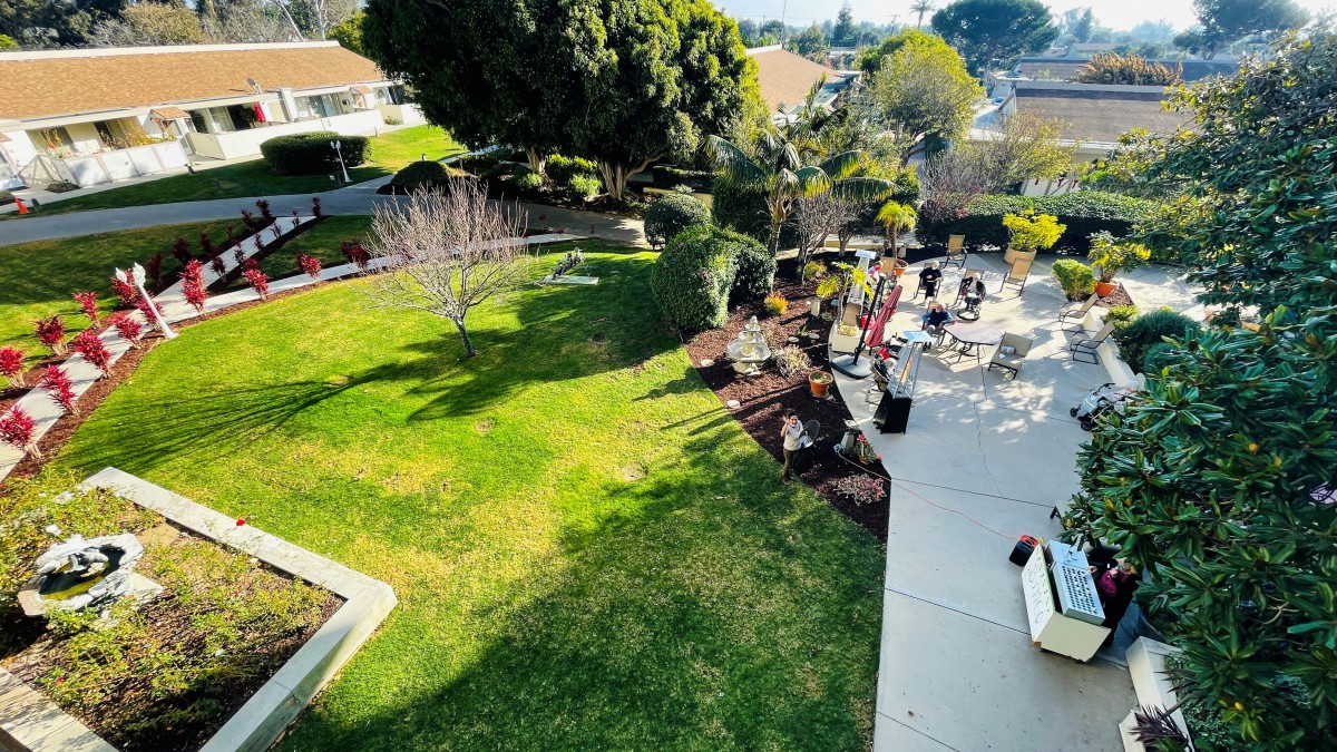 A sunny outdoor area featuring a well-maintained lawn, patio with seating, and surrounding trees.