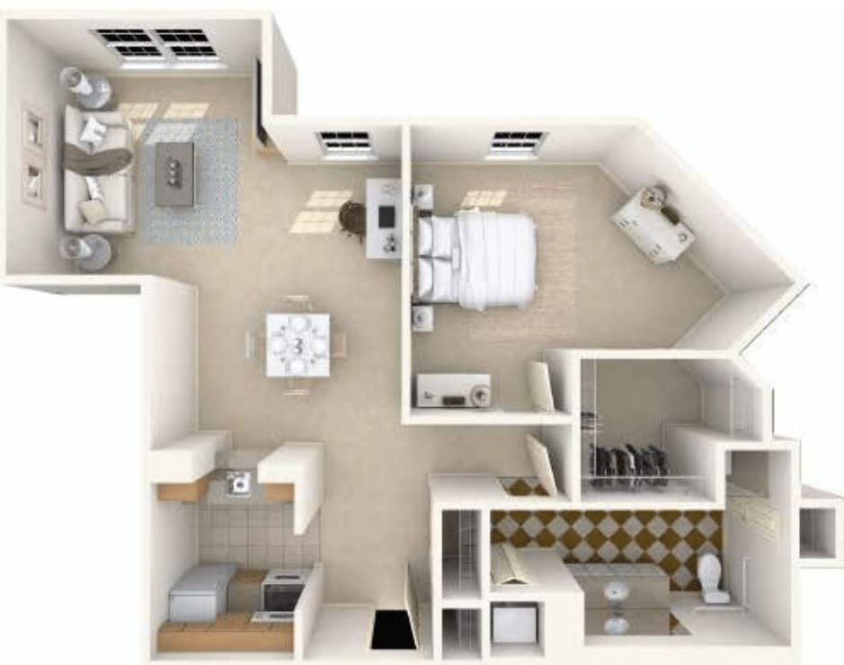 A 3D floor plan of a one-bedroom apartment showcasing the layout and interior design.