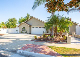 A suburban house with a garage and landscaped front yard featuring a palm tree.