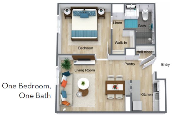 This is a floor plan of a one-bedroom, one-bathroom apartment featuring a living room, kitchen, and walk-in closet.