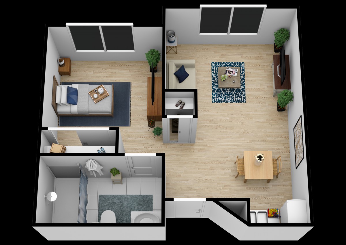 A 3D floor plan of a one-bedroom apartment featuring a living room, kitchen, and bathroom.
