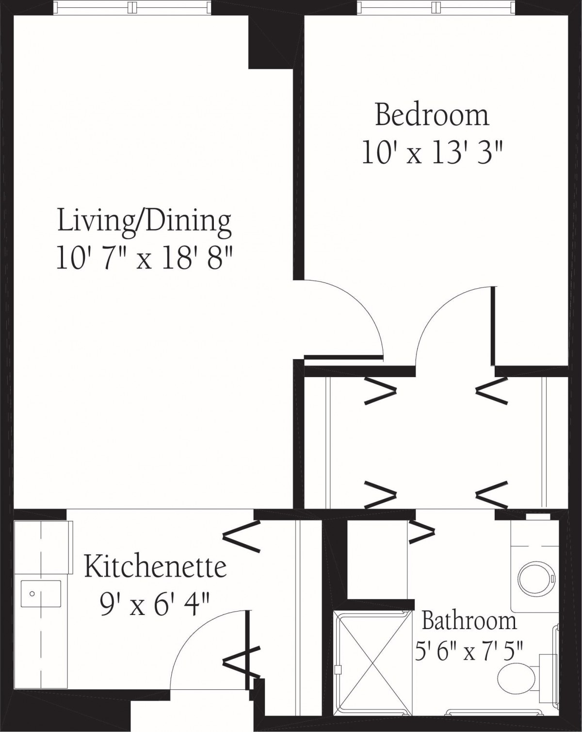 This is a floor plan of an apartment featuring a bedroom, bathroom, kitchenette, and a combined living/dining area.