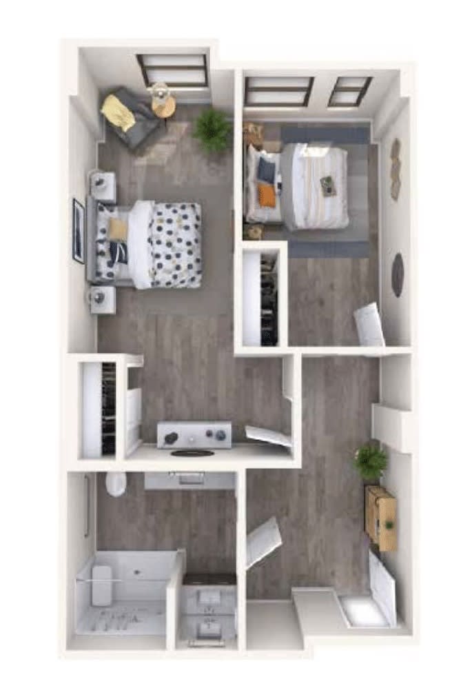 A 3D floor plan of an apartment featuring a bedroom, living room, kitchen, and bathroom.