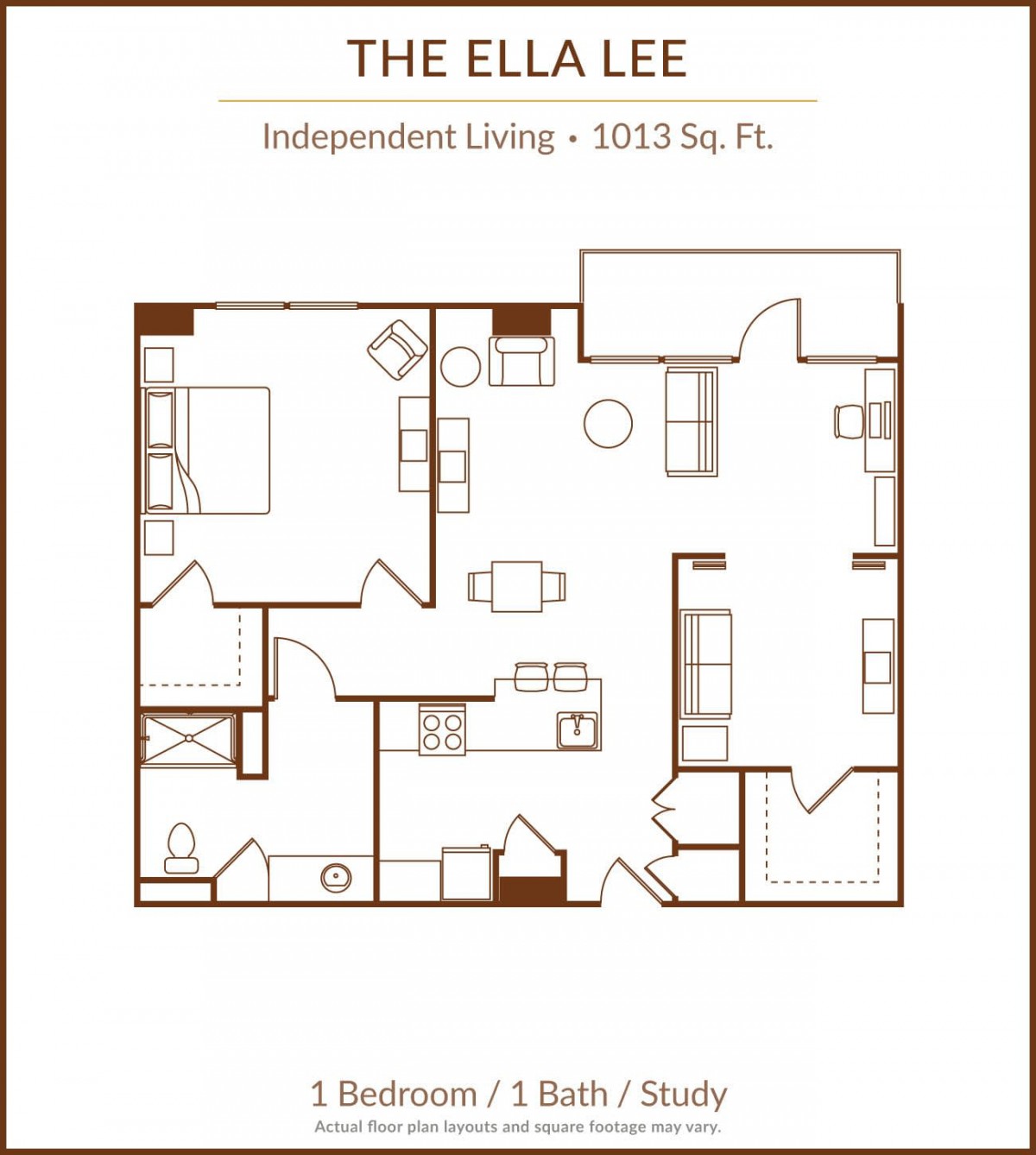 Floor plan of The Ella Lee independent living space, featuring two bedrooms, two bathrooms, a kitchen, and a living/dining area.