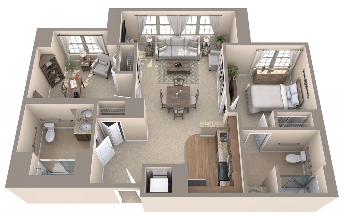 A 3D floor plan of a modern apartment showing the layout and furniture arrangement.