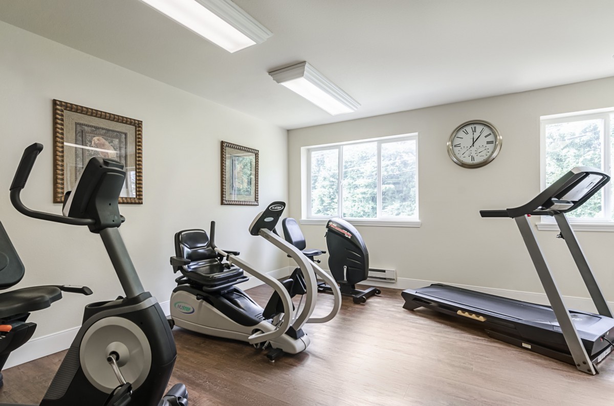 A home gym setup featuring a treadmill and stationary bikes in a well-lit room.