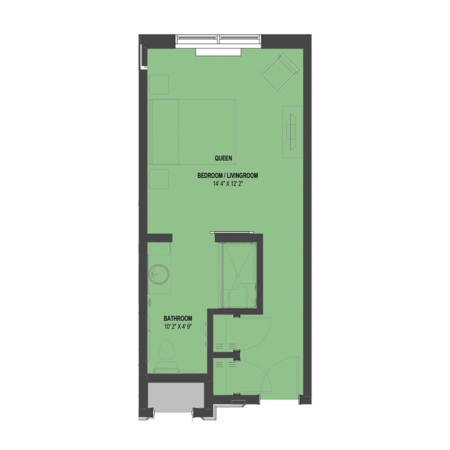 A floor plan depicting the layout of a studio apartment.