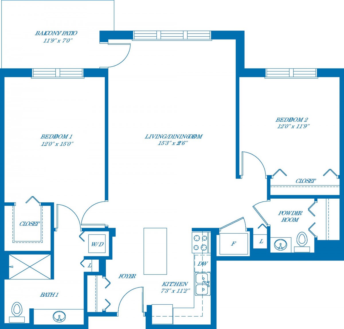 A detailed floor plan of a two-bedroom apartment.