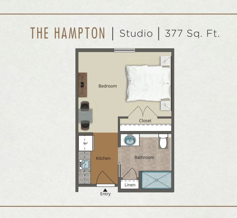 Floor plan of 'The Hampton' studio apartment, measuring 377 sq. ft.
