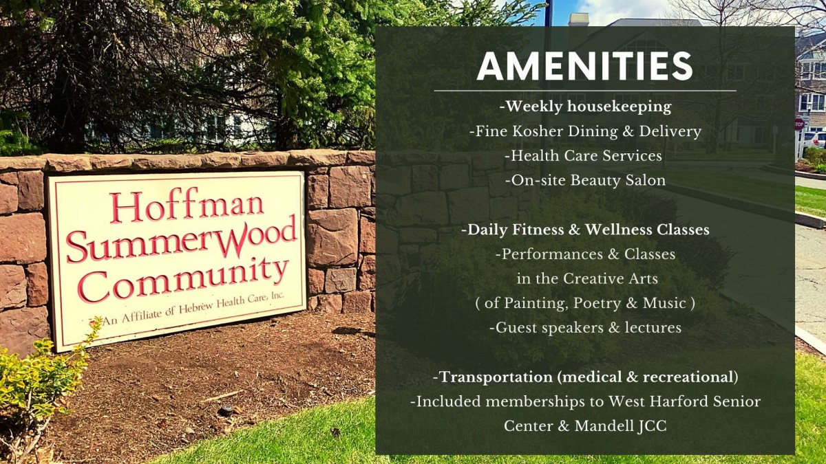 Sign advertising amenities at Hofman SummerWood Community, highlighting various services and activities.