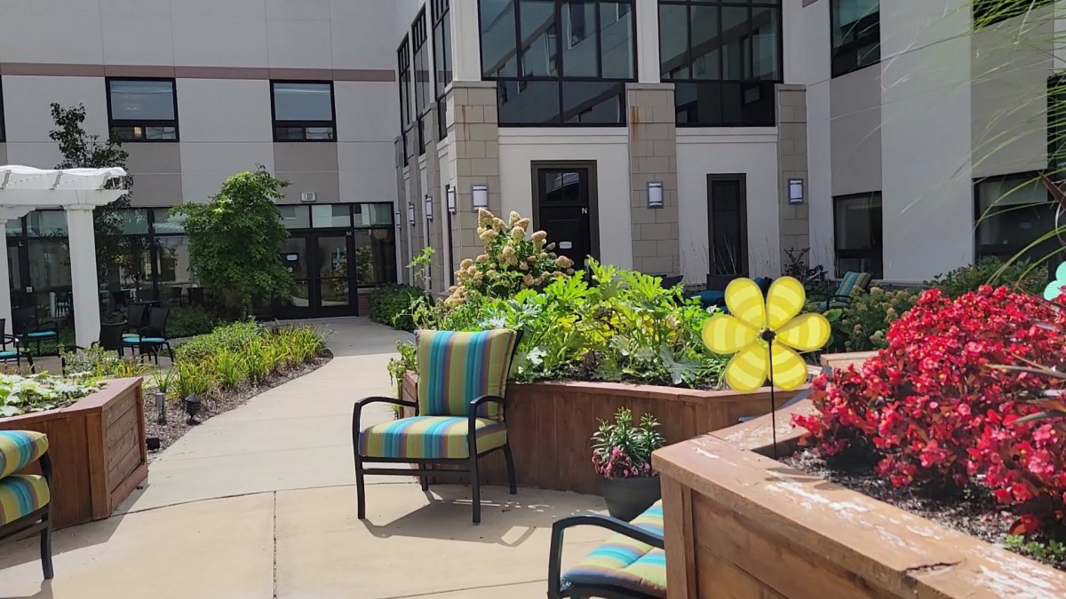 A sunny patio garden area with chairs and plants outside a building.