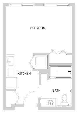 A simple floor plan showing a bedroom, kitchen, and bathroom layout.