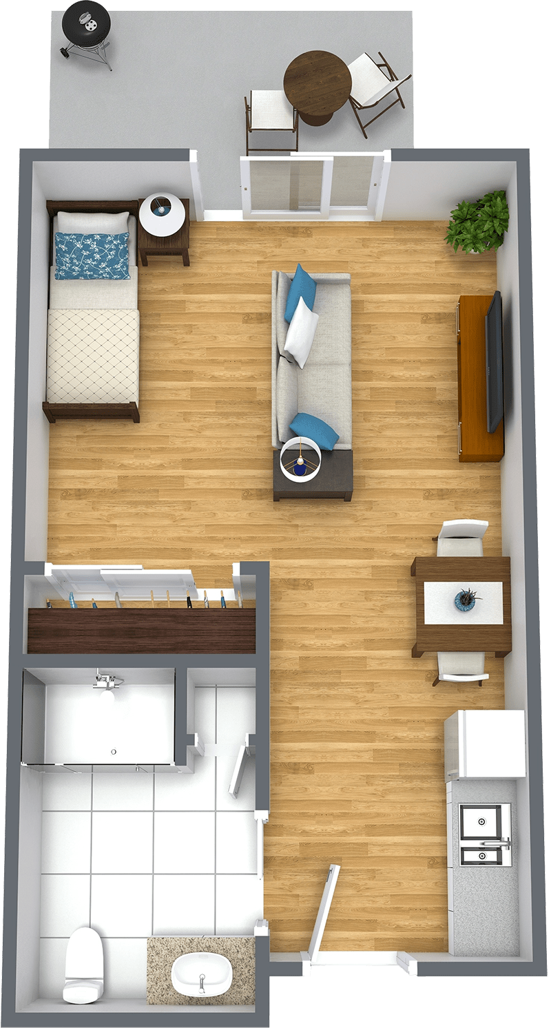 A cozy one-bedroom apartment floor plan with a living room, kitchen, dining area, and bedroom.