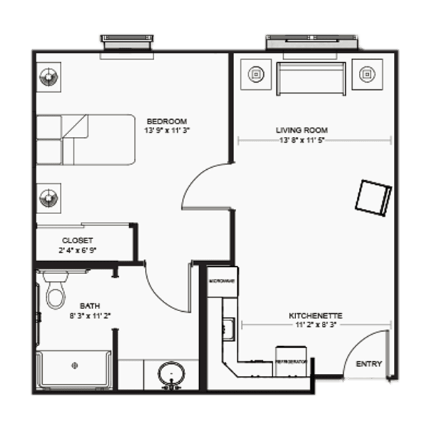 A floor plan showing a one-bedroom apartment with a living room, kitchen, and bathroom.