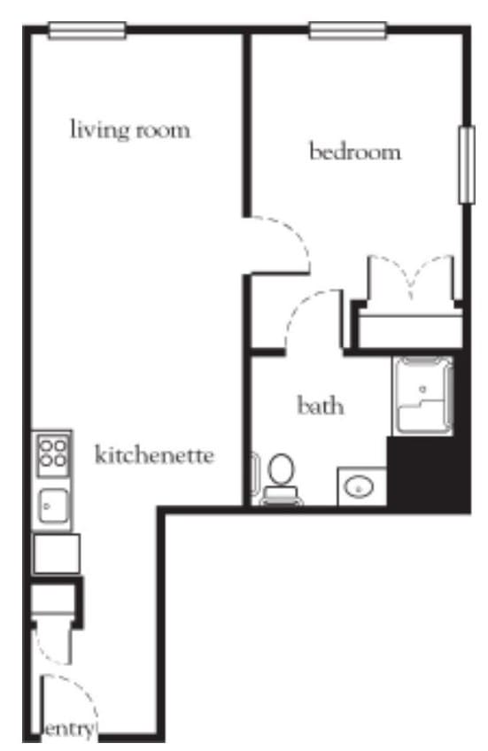 A simple floor plan of a one-bedroom apartment featuring a living room, kitchenette, bedroom, and bathroom.