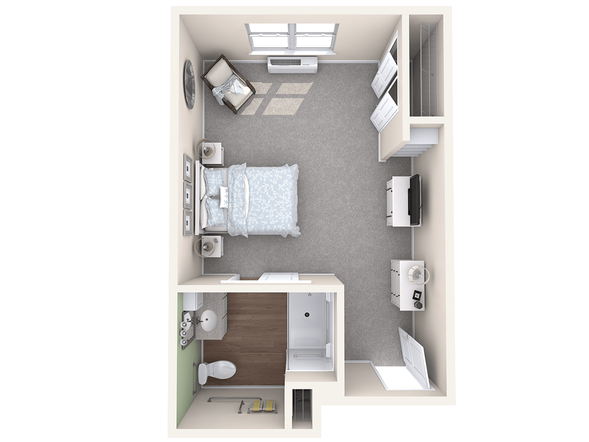 A 3D-rendered floor plan of a studio apartment featuring a bedroom and a bathroom.
