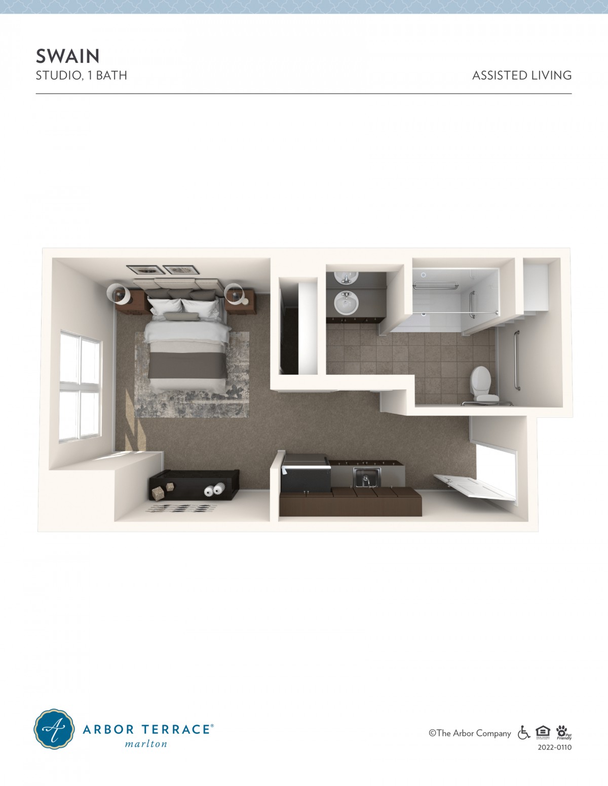 3D floor plan of a compact apartment with bedroom, kitchen, and bathroom.