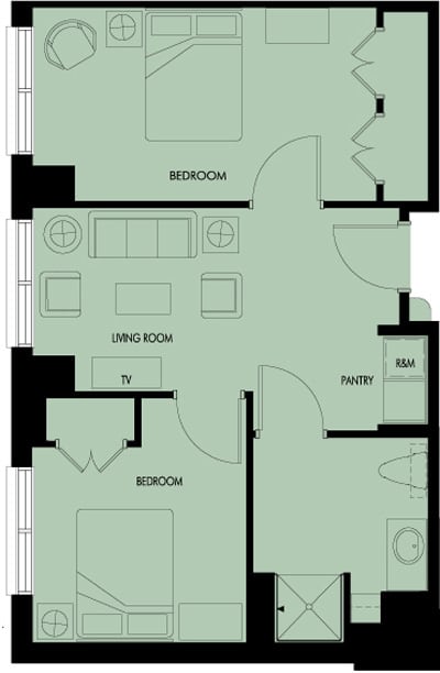 A floor plan of a two-bedroom apartment with a living room and kitchen.