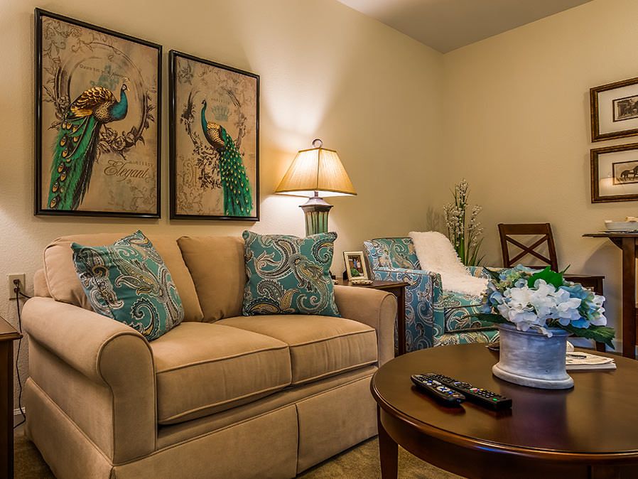 A cozy living room with a sofa, decorative cushions, wall art, and a coffee table with a vase.