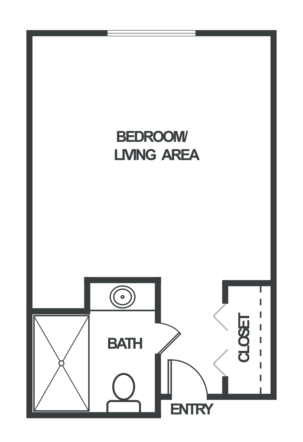 Studio apartment floor plan featuring a combined bedroom and living area, a bathroom, and a closet.