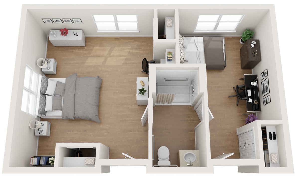 A 3D floor plan featuring a bedroom, bathroom, and living area.