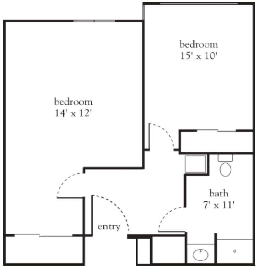 A floor plan showing the layout of an apartment with two bedrooms and a bathroom.