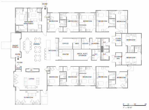 Architectural floor plan depicting the layout of rooms and common areas.