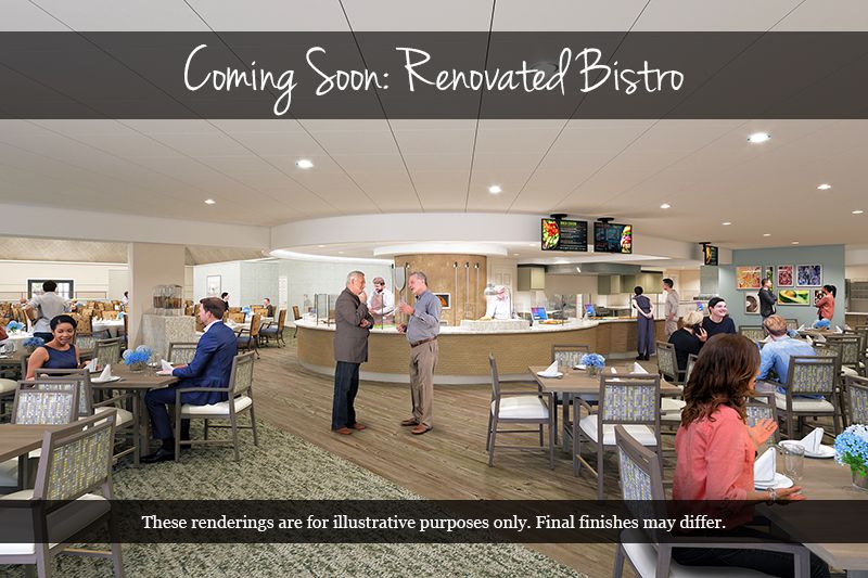 Illustrative rendering of the upcoming renovated bistro interior.