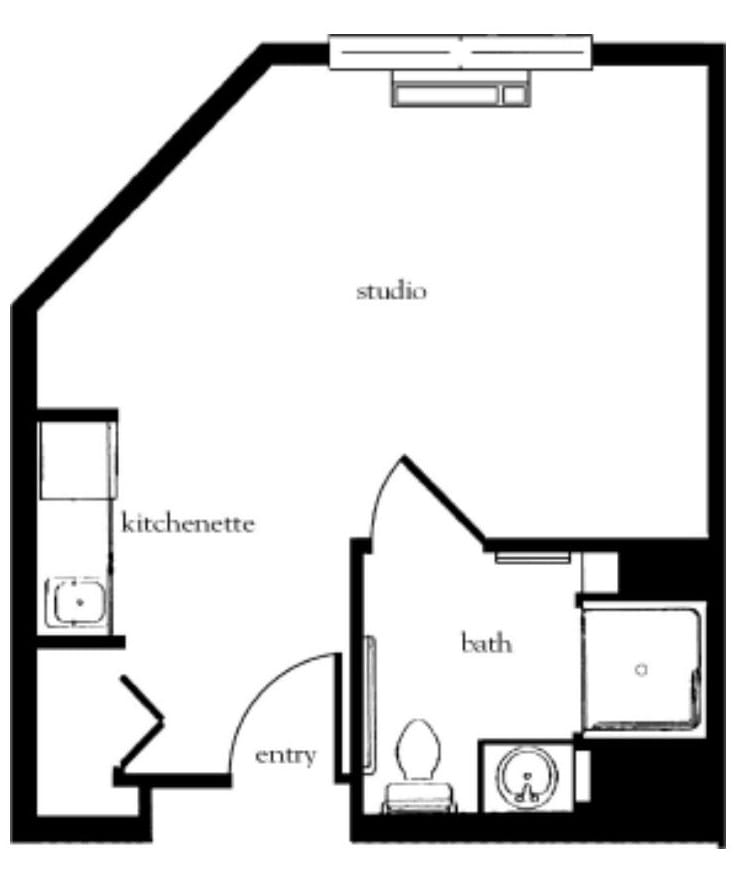 A floor plan of a studio apartment featuring a kitchenette, bathroom, and entry area.
