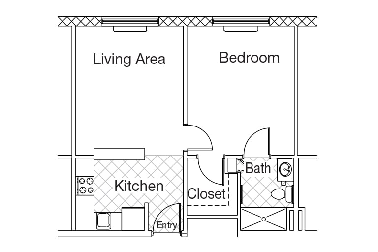 Simple one-bedroom apartment floor plan with designated living area, kitchen, bedroom, bathroom, and closet.