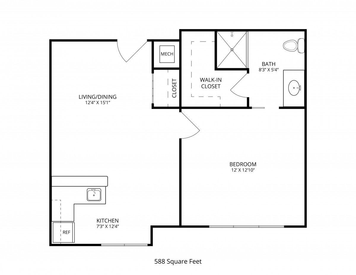 A floor plan of a 1-bedroom apartment with designated areas for the kitchen, living room, bathroom, and bedroom.