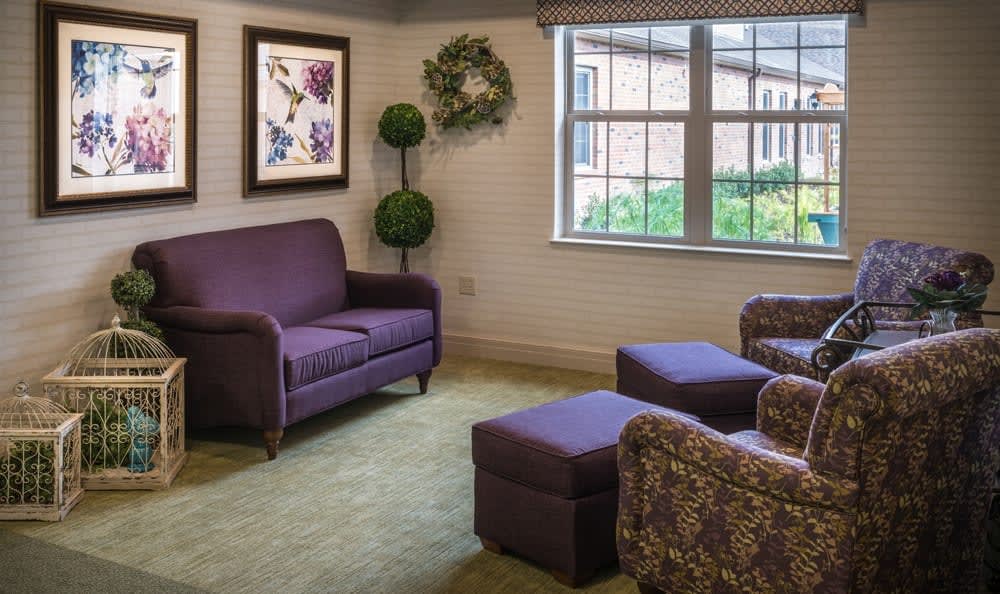 A cozy living room with a purple sofa, armchairs, and an ottoman, decorated with wall art and indoor plants.