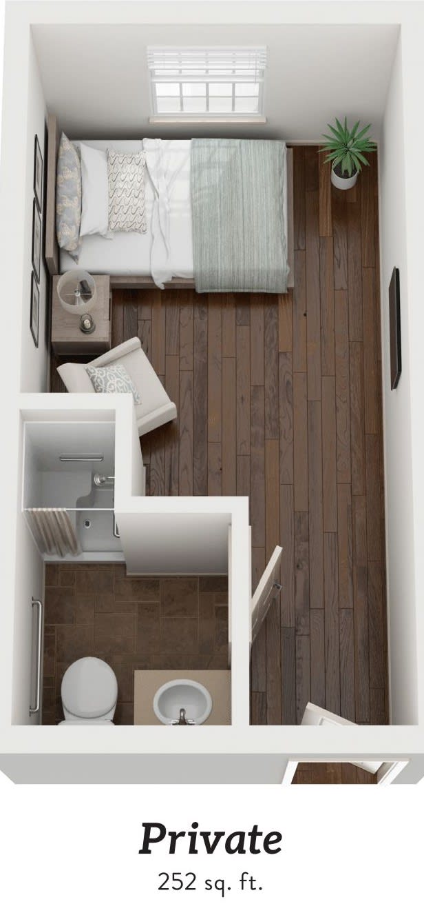 A top-down view of a compact apartment floor plan featuring a bedroom with wooden flooring and modern furnishings.