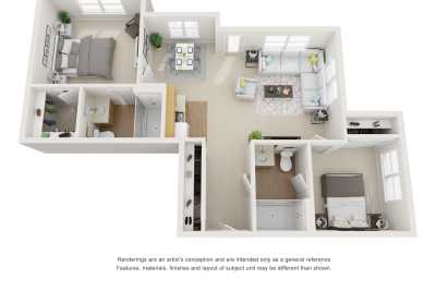 A 3D floor plan of a two-bedroom apartment including a kitchen, living room, and bathroom.