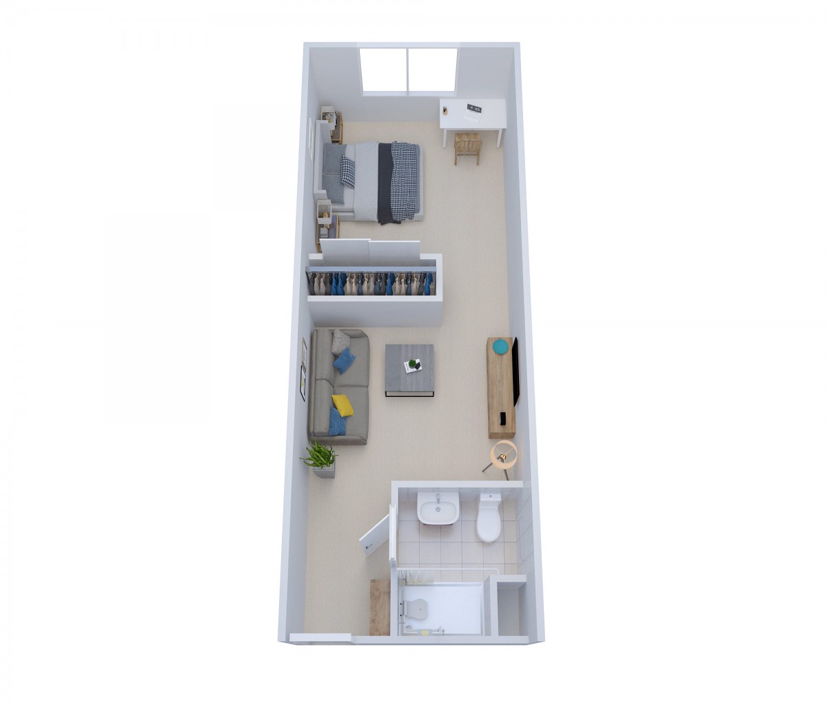 3D rendering of a small apartment floor plan with separate bedroom, bathroom, and living area.