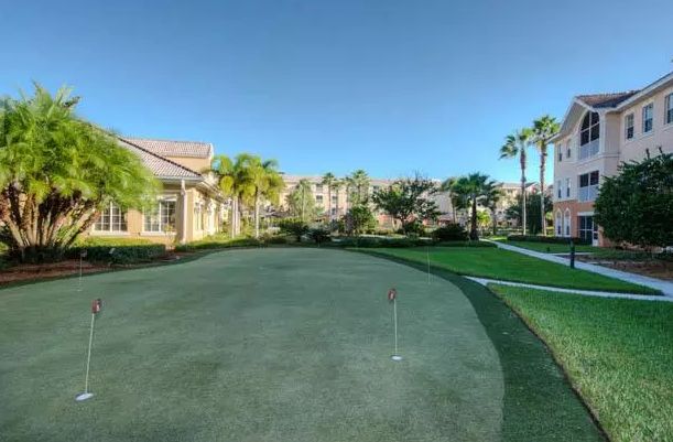 A sunny day on a resort golf course with a putting green surrounded by lush palm trees.
