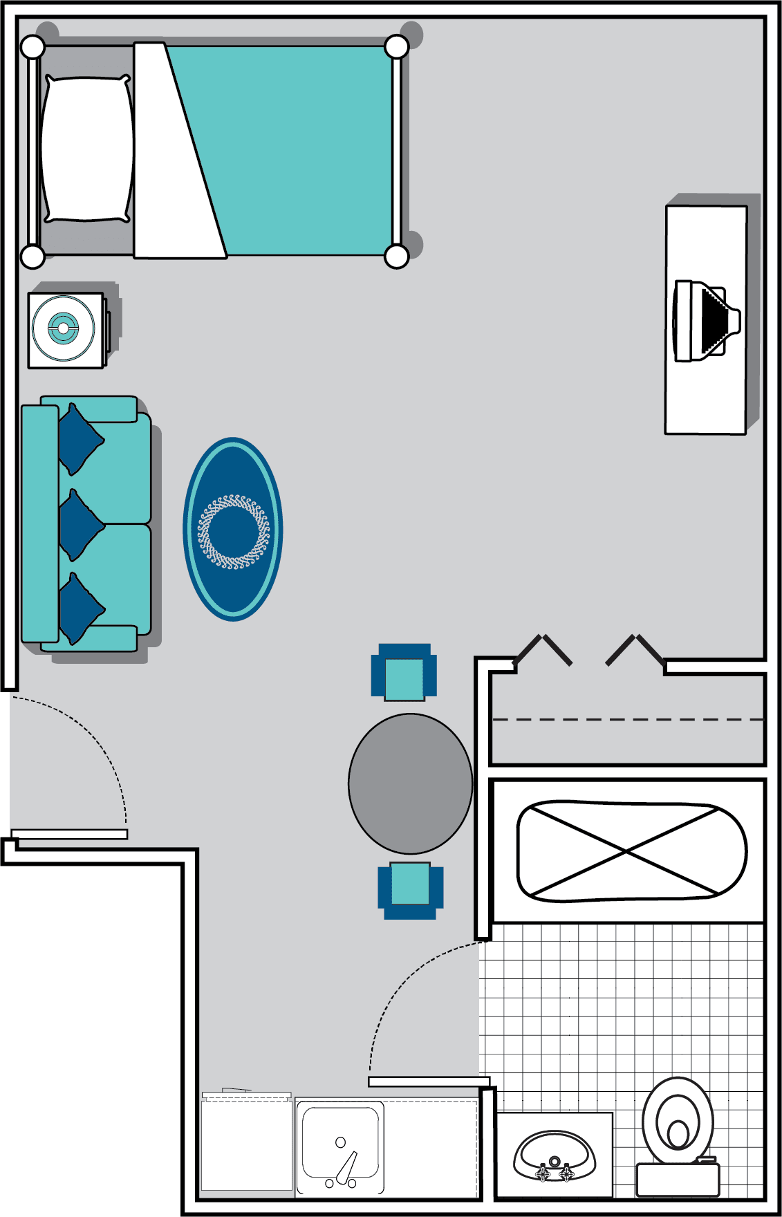 A detailed floor plan showing the layout of a living space with furniture and fixtures.