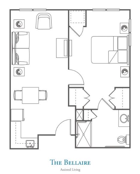 A floor plan of a two-bedroom apartment with a living room, kitchen, and bathroom.