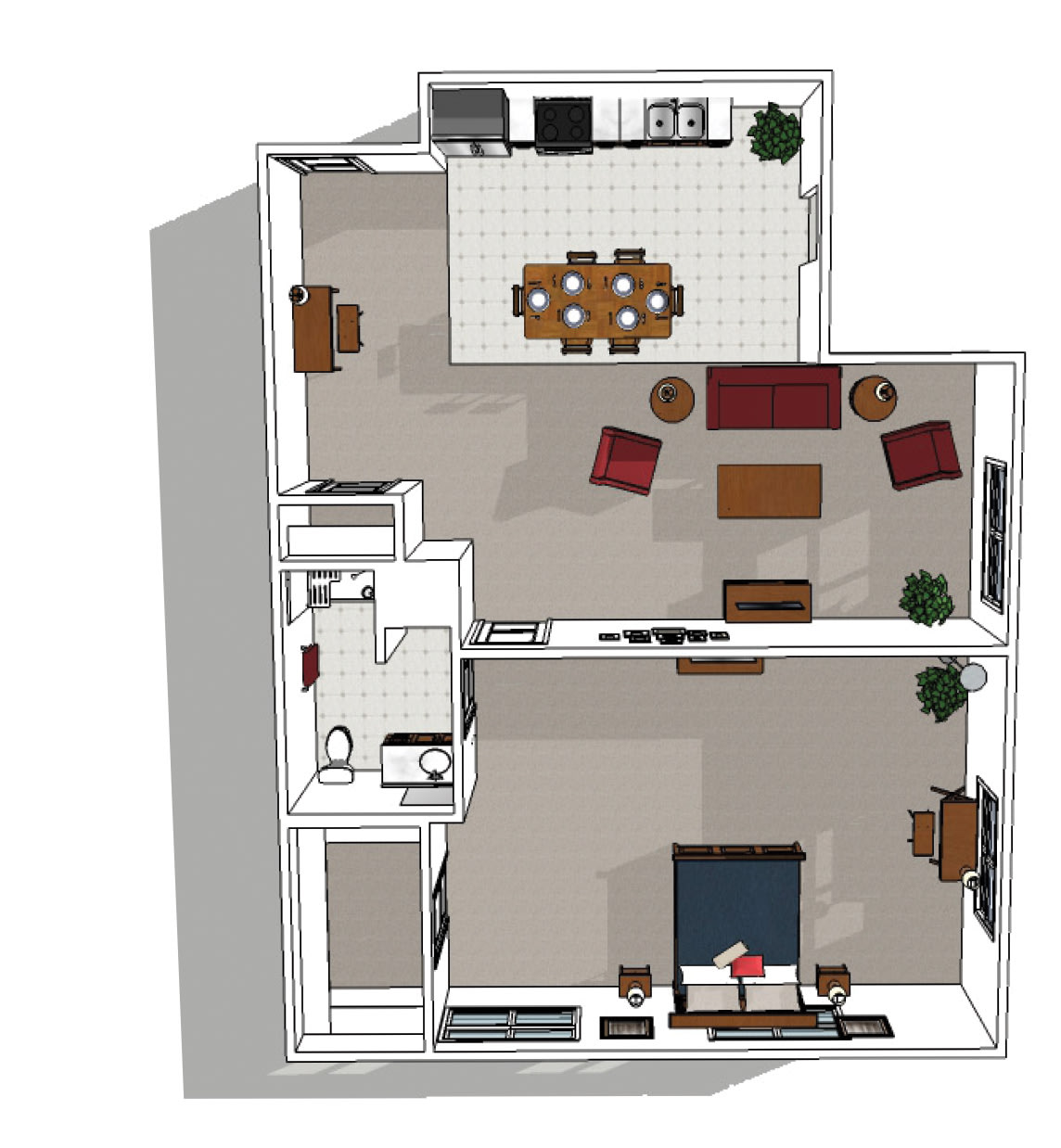 A 3D floor plan of an apartment showing the layout of rooms and furniture arrangement.