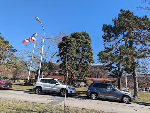 A clear day featuring parked cars, a tall tree, and an American flag waving in the breeze.