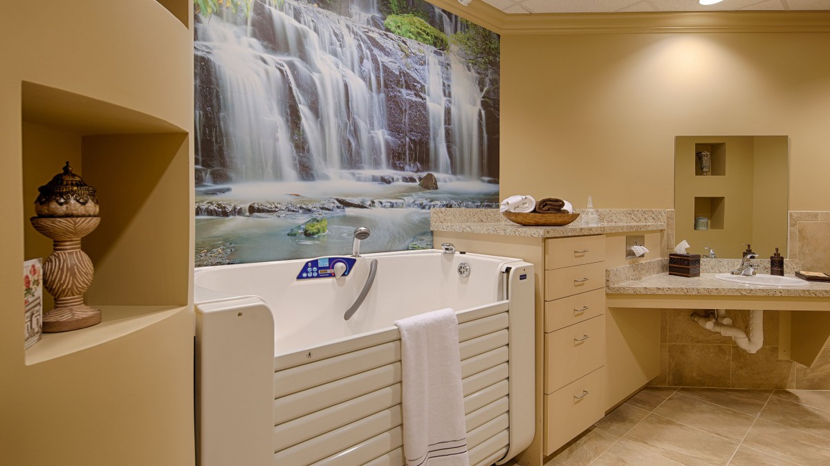 A bathroom featuring a walk-in bathtub and a scenic waterfall mural on the wall.