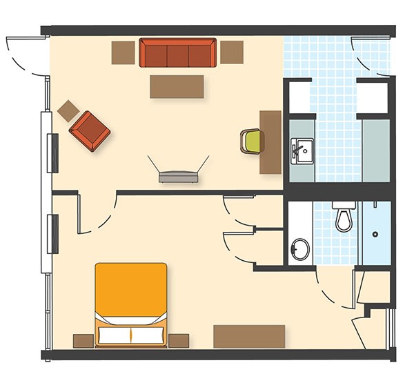 A floor plan of a one-bedroom apartment with a living room, kitchen, and bathroom.