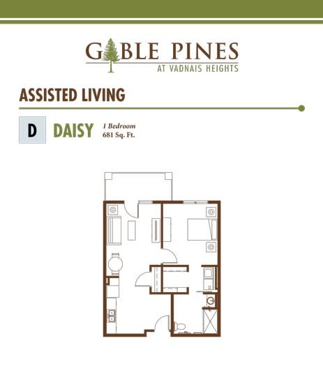 Floor plan for the 'Daisy' unit at Gable Pines assisted living, featuring one bedroom and measuring 403 sq. ft.