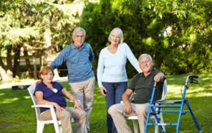A group of seniors enjoying a relaxing day outdoors in a garden setting.