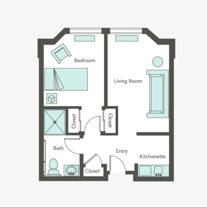 A simple floor plan of a one-bedroom apartment with labeled rooms.