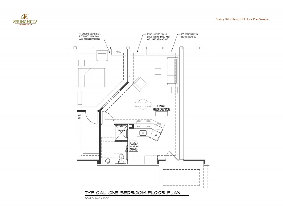 An architectural floor plan showcasing the layout of a residential space with furniture arrangements.