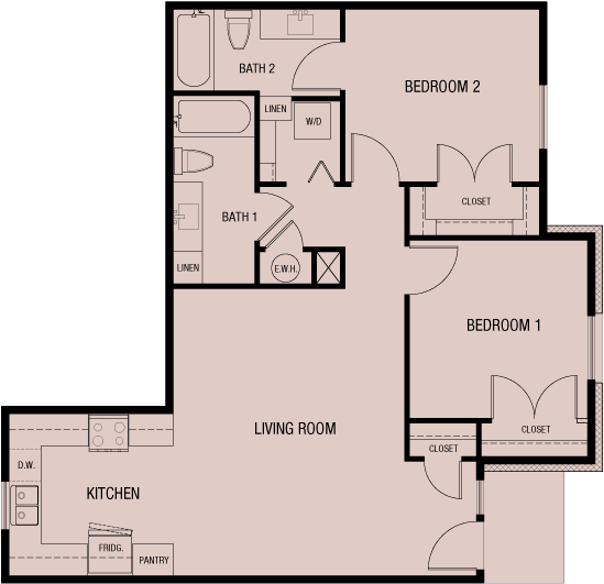 A floor plan layout of a two-bedroom apartment with a kitchen, living room, and bathroom.