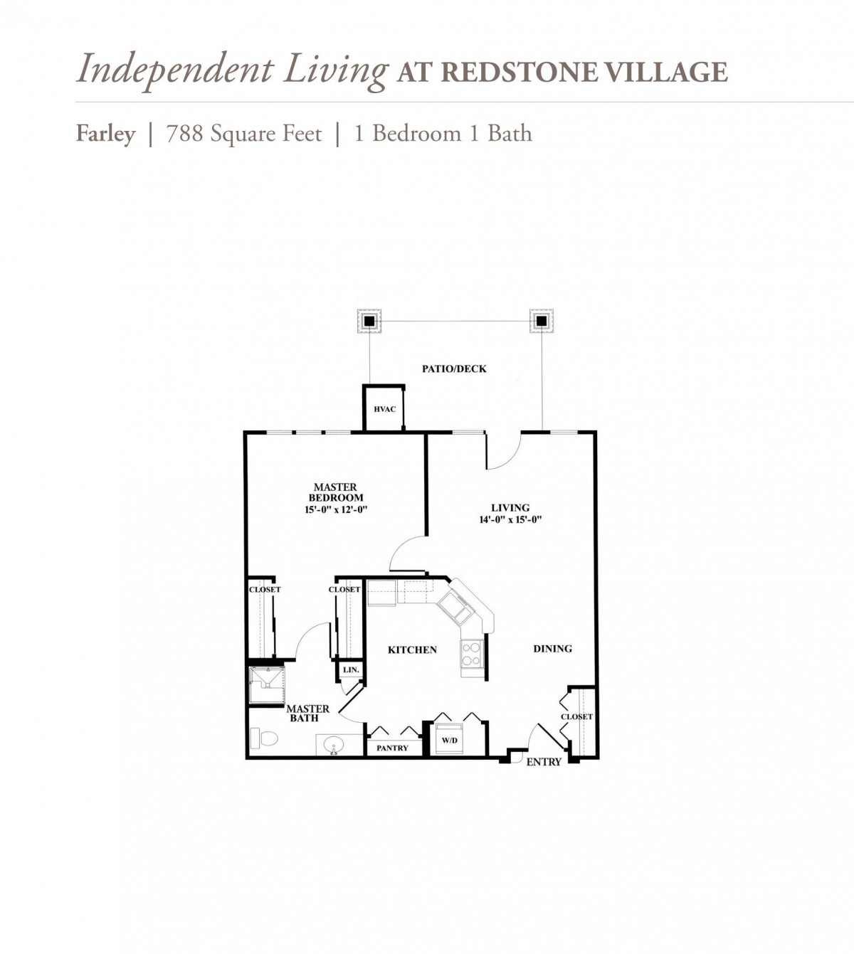 Floor plan of a one-bedroom independent living unit in Redstone Village.